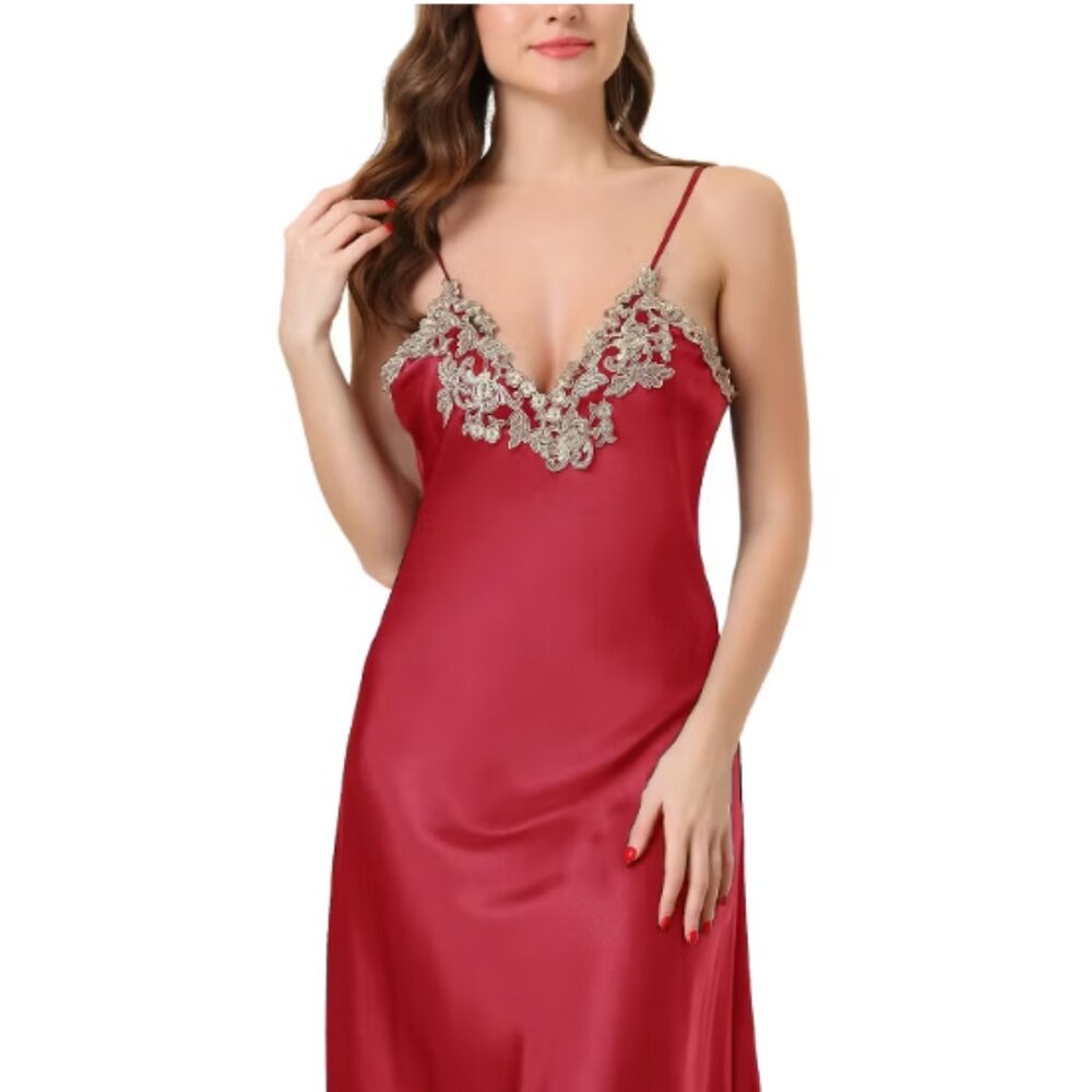 Cheibear Womens Satin Sleeveless Nightgown Lace